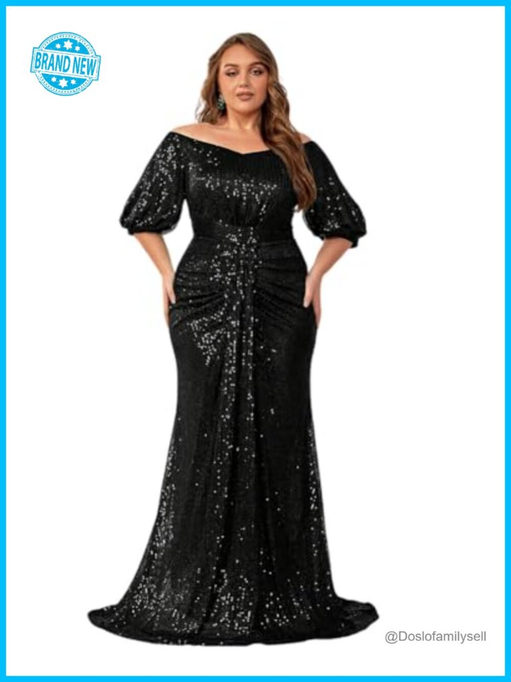 Plus Size Off Shoulder Puff Sleeve Sequin Maxi Dress Formal Evening Gown